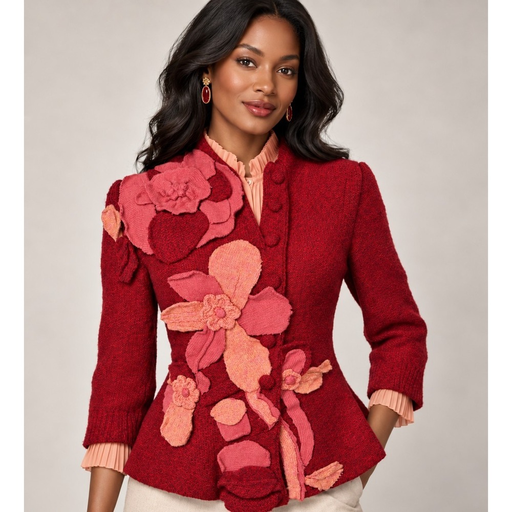 Sleeping on Snow Anthropologie Red 3D Floral Wool Cardigan Sweater Small